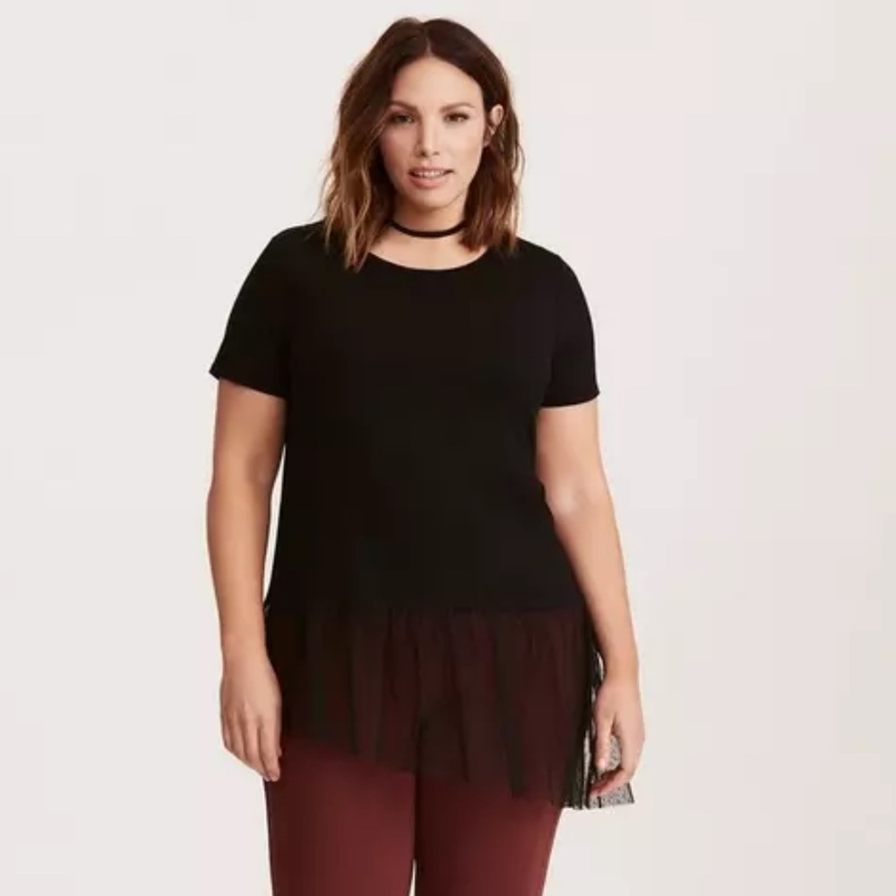 Torrid | Black Short Sleeve Asymmetrical Mesh Bottom Tee 1 (1X)